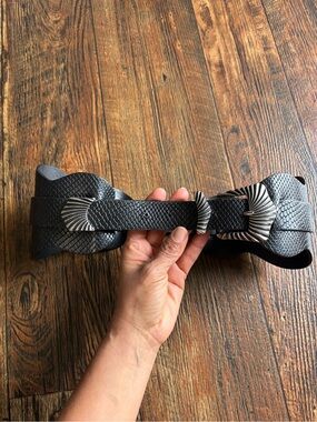 The Kooples Black Textured Leather Belt with Twisted Silver Buckle